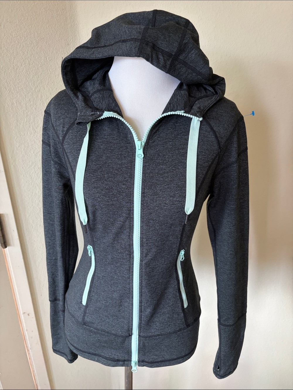Zella Women's Dark Charcoal Zip-Up Hoodie with Mint Trim